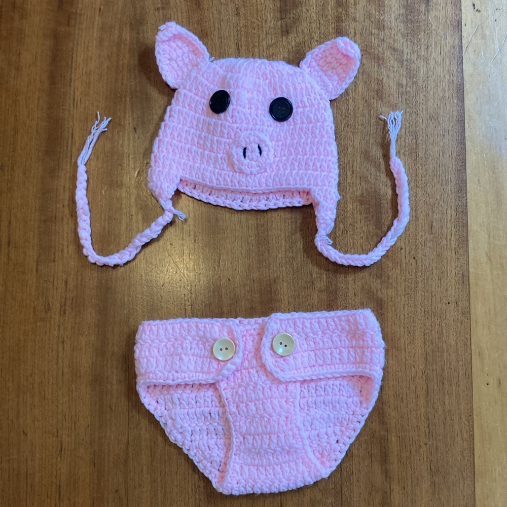 Baby Pig Costume Crocheted Two Piece Set Hat and Diaper Cover Pink 0-3 month